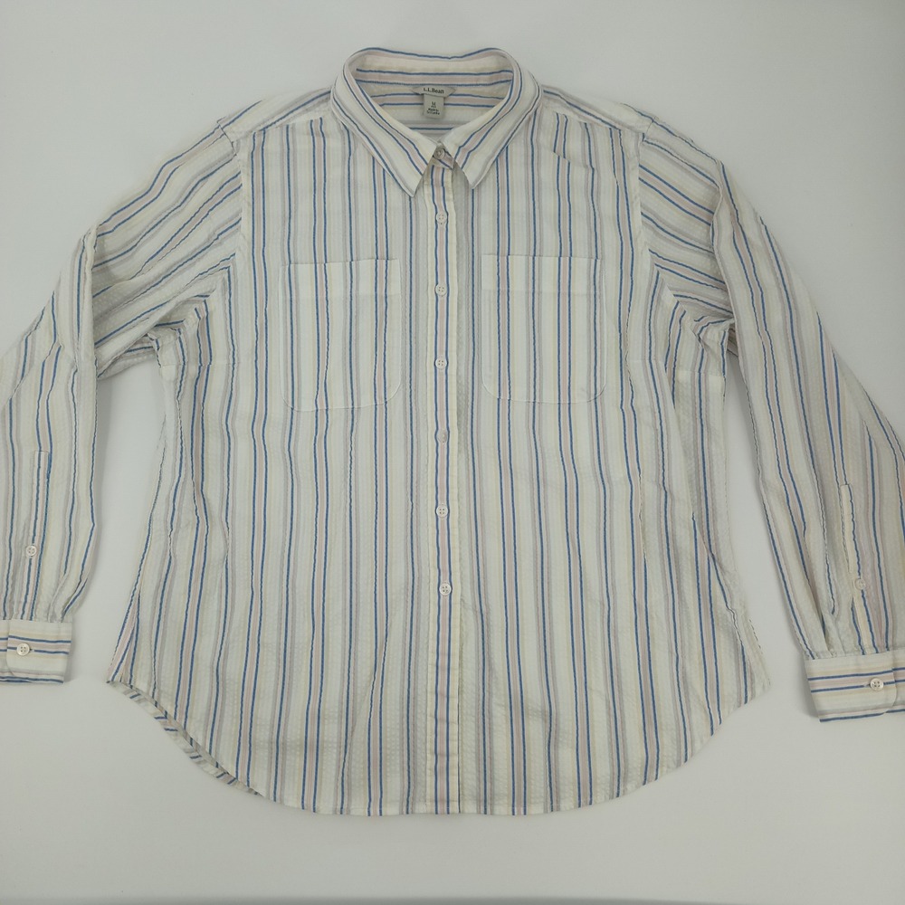 LL Bean Womens Seersucker Striped Button Down Shirt‎ Medium Petite Pastel 507315